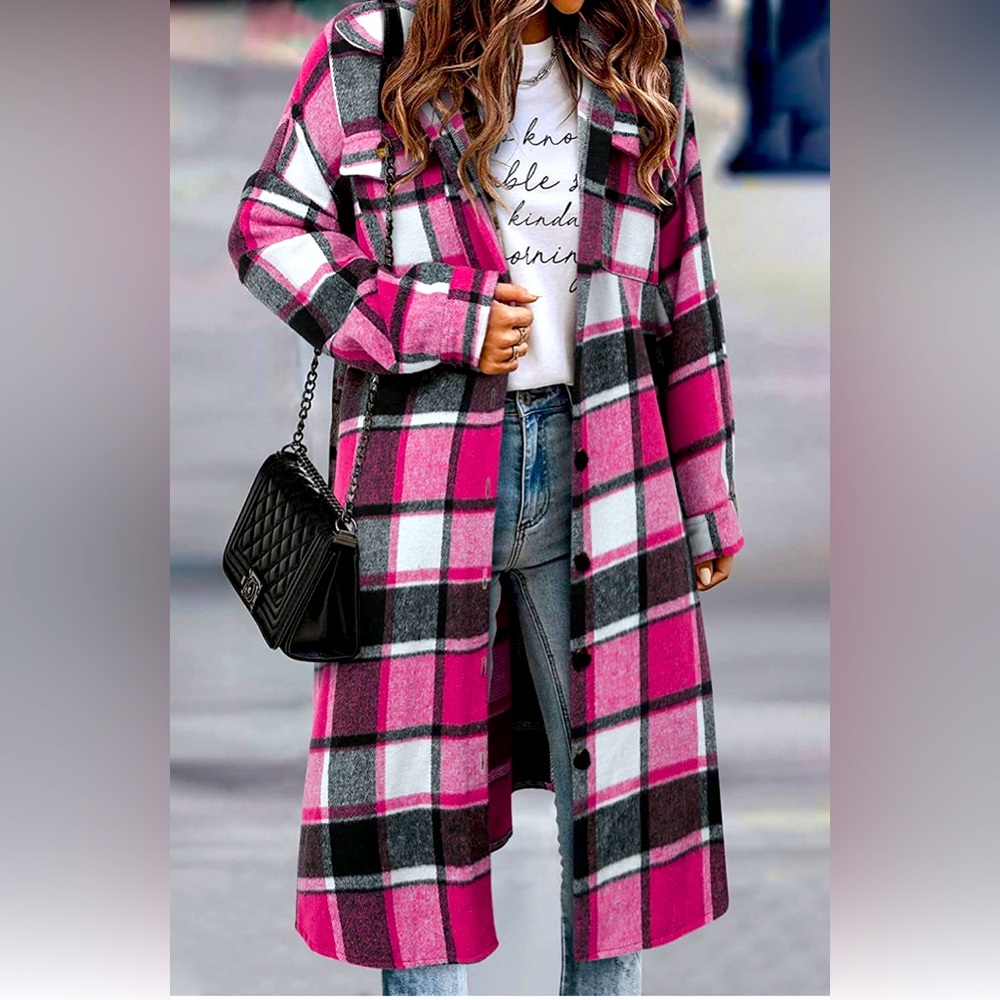 NEW Pink black and white Plaid long Shacket oversized size Small